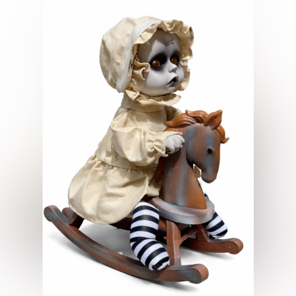 Animated Haunted Rocking Horse Doll Halloween Decor Light-Up Eyes Victorian Prop